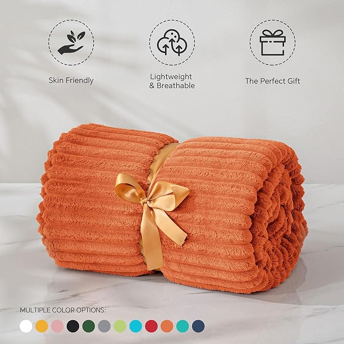 BEDELITE Fall Throw Blanket for Couch - 3D Ribbed Jacquard Soft & Warm Decorative Burnt Orange Blanket, Cozy, Plush, Fluffy, Fuzzy Fleece Throw Blanket for Bed, Sofa 50x60Inches