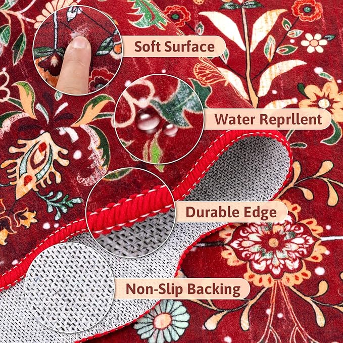 Yamaziot Christmas Runner Rug 2x8 – Red Floral Washable Non-Slip Carpet Runner Christmas Holiday Decor, Soft Low Pile Christmas Rug for Hallway, Kitchen, Entryway