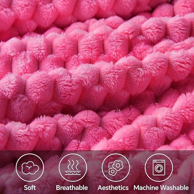 BEDELITE Fleece Twin Blankets for Couch & Bed - 3D Jacquard Decorative Hot Pink Blanket, Super Soft and Cozy Warm Fuzzy Blanket All Seasons Suitable, 60x80Inches