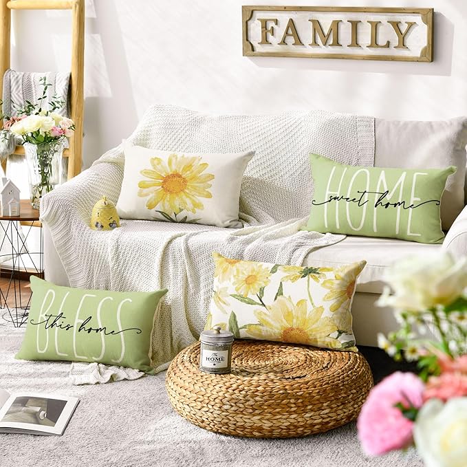 AVOIN colorlife Home Sweet Home Spring Summer Flowers Green Throw Pillow Covers, 12 x 20 Inch Cushion Case for Sofa Couch Set of 4