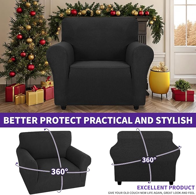 ZNSAYOTX Super Stretch Chair Slipcover Universal Sofa Chair Covers for Living Room Dogs Pet Furniture Protector Spandex Armchair Slipcovers with Anti Slip Foam Sticks (Black, Chair)