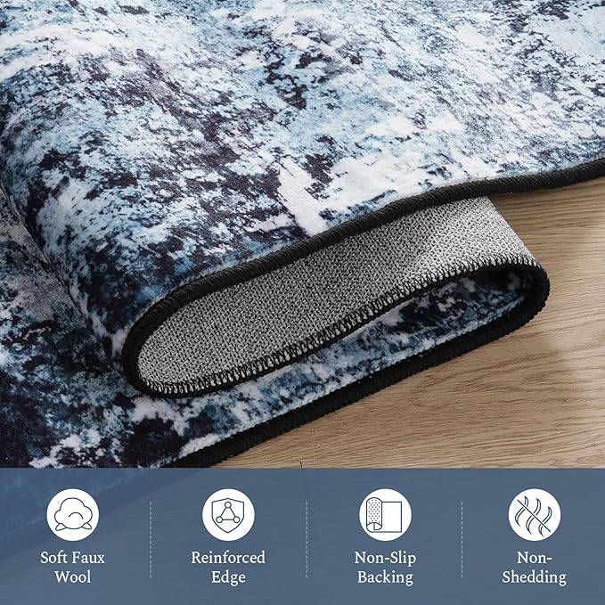 Rugflix 2x8 Runner Rug for Entryway, Kitchen Rugs Soft Non-Slip Washable Runners for Hallway, Abstract Small Carpet with Non-Slip Rubber for Bedroom, Living Room, Navy Blue/Black