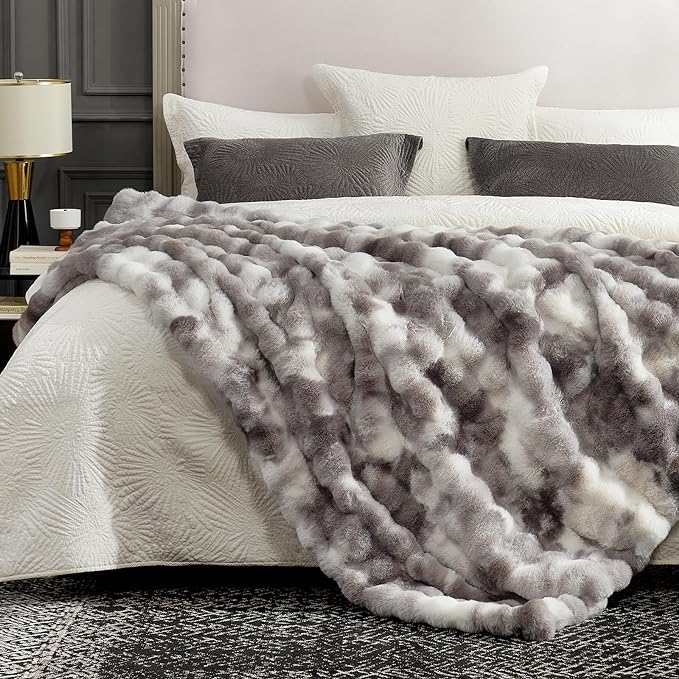 Cozy Bliss Faux Fur Throw Blanket for Couch, Fuzzy Soft Plush Thick Bubble Blanket for Sofa Bedroom Living Room, 50 * 60 Inches Tie-dye Taupe (Pack of 2)