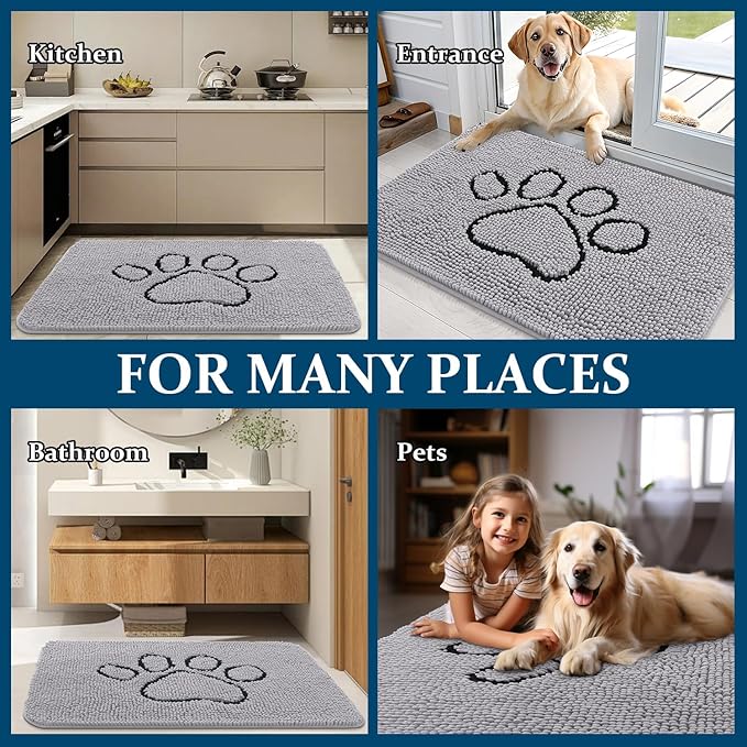 OLANLY Dog Door Mat for Muddy Paws 48x30, Paw Print Design, Absorbs Moisture and Dirt, Non-Slip Washable Doormat, Quick Dry Chenille Mud Mat for Dogs, Entry Indoor Entryway Carpet, Light Grey