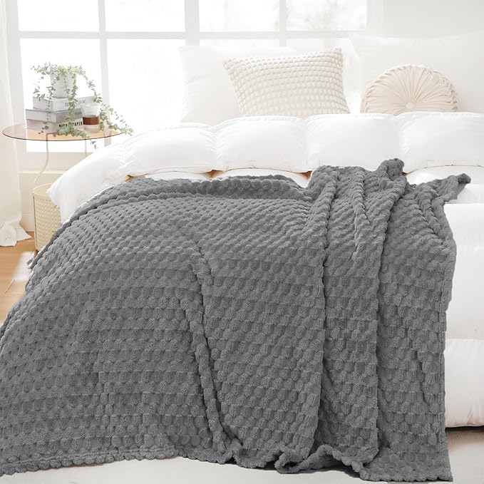 Puncuntex Grey Throw Blanket 108"×90" inches Fuzzy 3D Jacquard Decorative Flannel Fleece Super Soft Plush Cozy Blanket for Couch Sofa Chair Lightweight