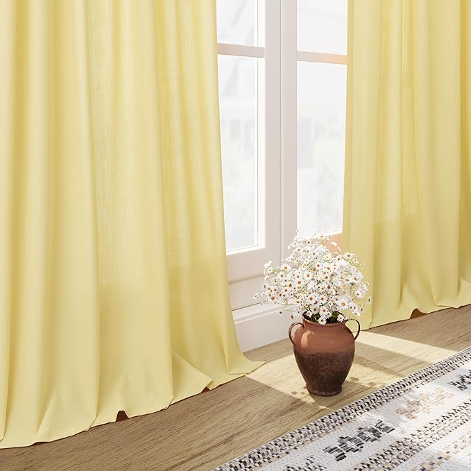 Yellow Linen Semi Sheer Curtains 108 Inches Long 2 Panels Set Back Tab Loop Pocket Linen Blend Boho Decor Large Window Curtain Extra Long Light Filtering Drapes High Ceiling for Living Room 52x108