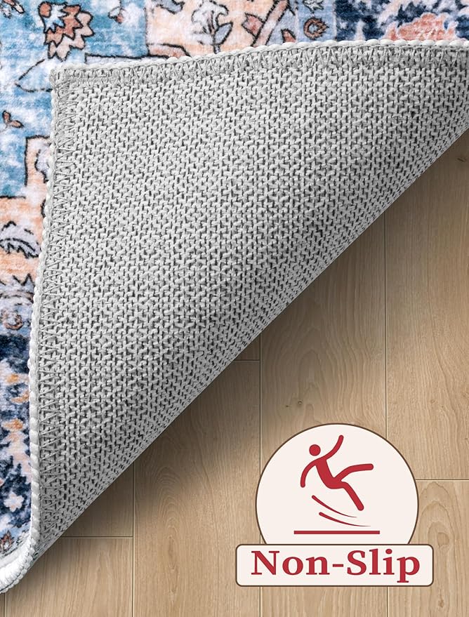 SERISSA Runner Rug for Hallways, 2'6"x12' Washable Non Slip Kitchen Runner Rug, Extra Long Boho Rug Ultra Soft Vintage Blue Orange Floor Carpet for Bedroom Hallway Entryway Bathroom Laundry Room