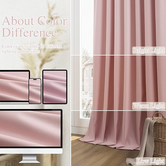 Guken 100% Blackout Linen Curtains 96 Inch 2 Panels Set for Girl's Bedroom, Living Room, Nursery, Back Tab Thermal Insulated Black Out Drapes Room Darkening, Pink