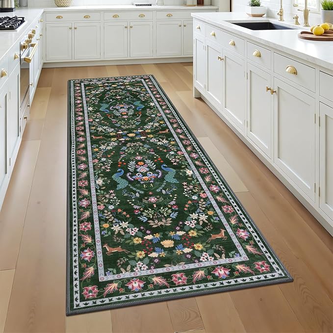 HEBE Washable Hallway Runner Rug 2'x 6' Non Slip Kitchen Rugs Runner,Low Pile Entryway Rug Laundry Room Mat Floral Carpet Runners for Hallways, Kitchen,Bathroom,Laundry,Bedside Rug