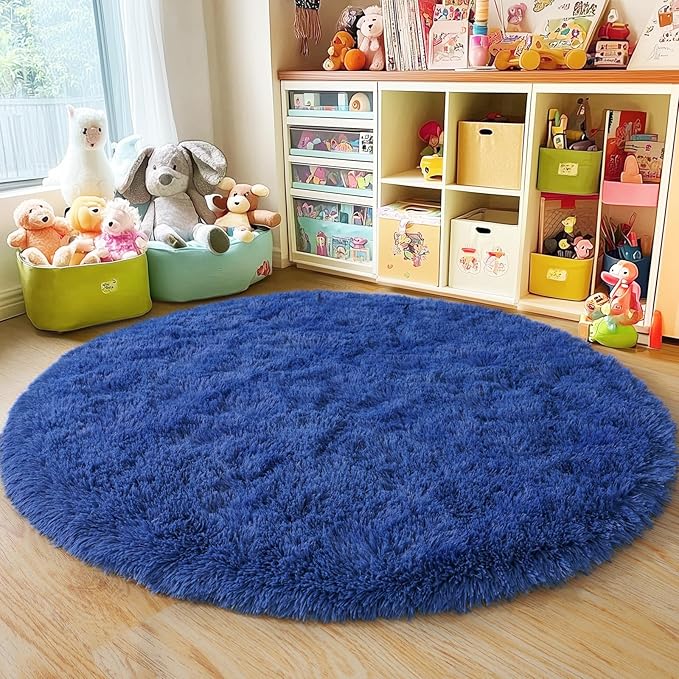 3'x3' Blue Round Rug for Bedroom, Ultra Soft Fluffy Circle Rug for Kids Girls Boys Room, Cute Small Shag Rugs for Living Room Playroom Teen Room Home Decor Rug