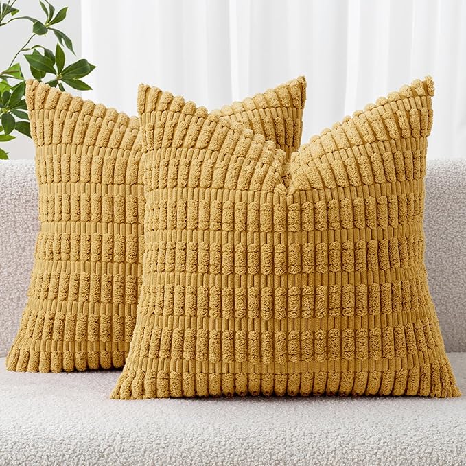 MIULEE Pack of 2 Corduroy Decorative Throw Pillow Covers 18x18 Inch Soft Boho Striped Pillow Covers Modern Farmhouse Home Decor for Summer Sofa Living Room Couch Bed Yellow