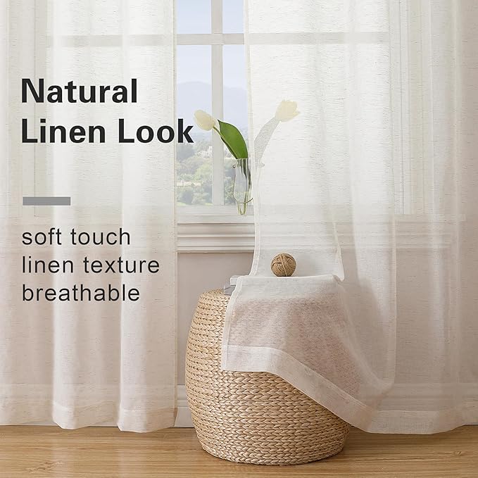 Simplebrand Natural Linen Textured Sheer Curtains 96 inches Long 2 Panels, Rod Pocket Solid Color Window Sheer Curtain Panels, Elegant Curtains & Drapes for Living Room, Bedroom (40" W x 96" L)