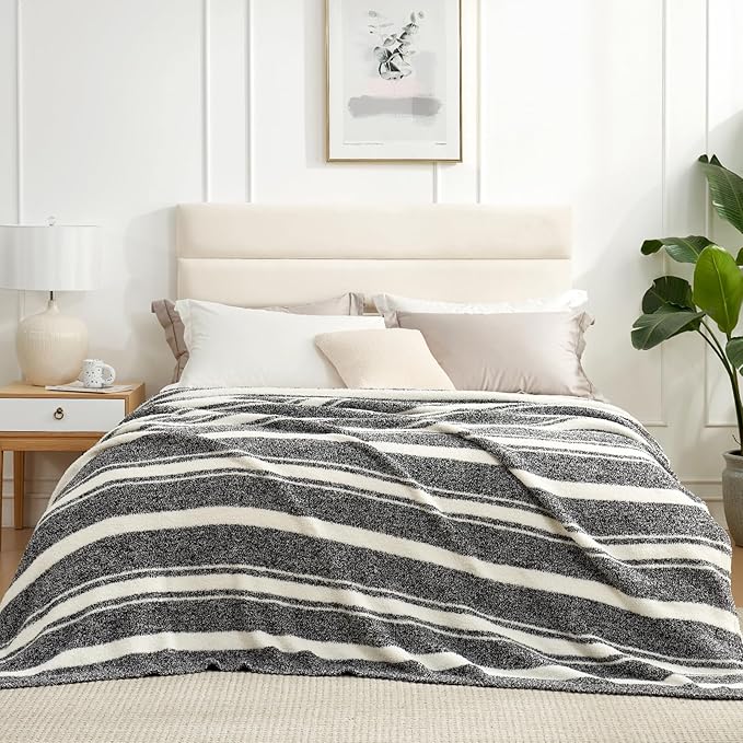 Snuggle Sac Heather Throw Blanket for Couch, Reversible Super Soft Blankets Warm Cozy Knit Fuzzy Plush Lightweight for Sofa, Bed, Camping, Picnic (Stripe Black, Queen (90"x90"))