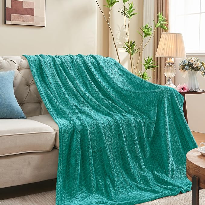 inhand Teal Fleece Twin Blanket, Super Soft Flannel Cozy Blankets for Adults, Lightweight Leaves Pattern Fuzzy Blanket for Couch Sofa Bed Office, Warm Plush Blankets for All Season, 60x90 Inches