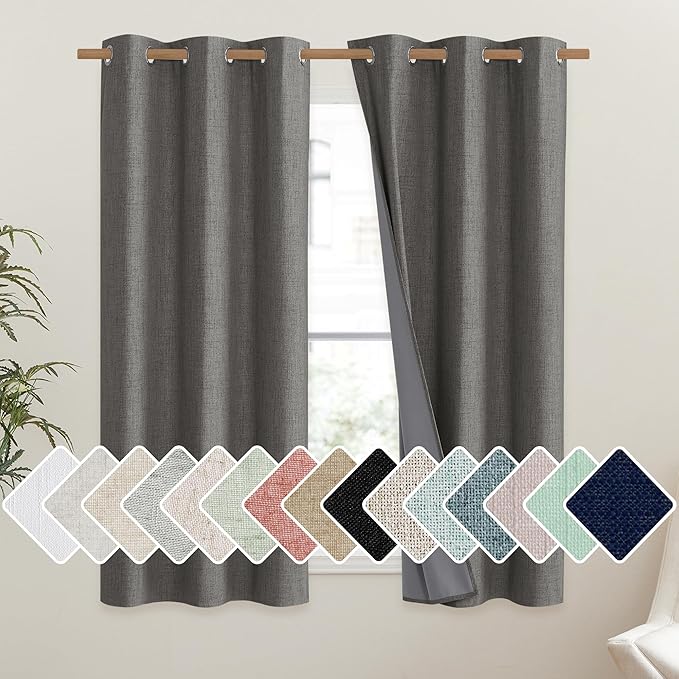 NICETOWN Grizzle Gray Vintage Linen 100% Blackout Curtains for Dining Room, Thermal Insulated Curtains 45" Long, Noise Reducing Window Treatment Drapes for Kitchen, 42" Wide Per Panel, Set of 2
