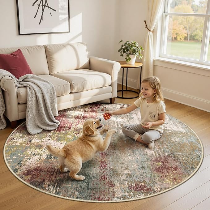Washable Area Rugs 6ft Non-Slip Modern Abstract Soft for Living Room Entryway Bedroom Nursery, Print Pattern, Brown Rust Red Green Blue Multi