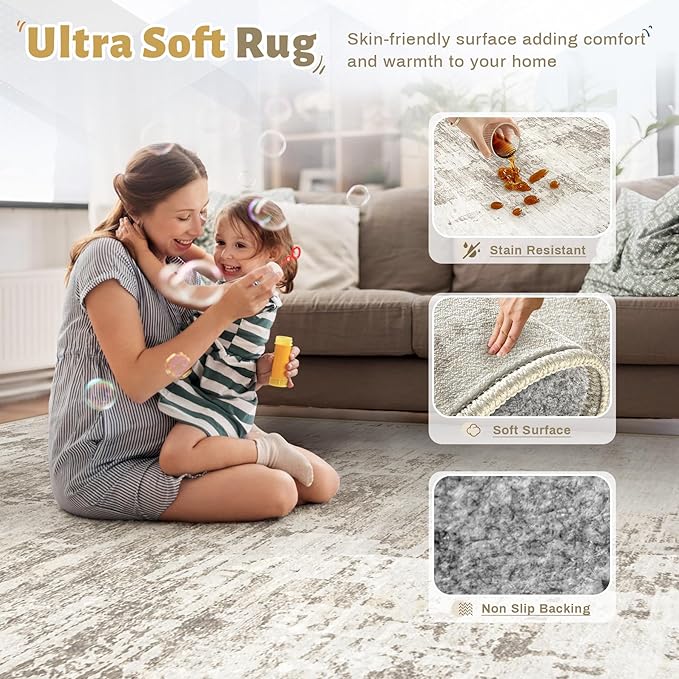 XLUEZ 9x12 Area Rug for Living Room, Washable Modern Abstract Large Area Rug Neutral Soft Non Slip Kids Rug Stain Resistant Indoor Carpet for Bedroom Dining Room Playroom Office(BeigeBrown, 9'x12')
