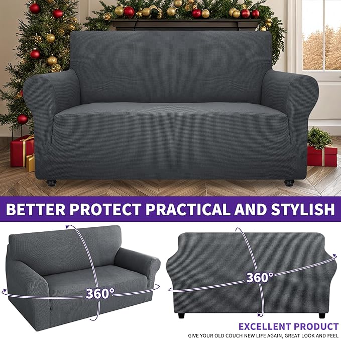 ZNSAYOTX Super Stretch Couch Cover Love Seat Sofa Covers for Living Room Dogs Pet Friendly Furniture Protector Spandex Loveseat Slipcovers with Anti Slip Foam Sticks (Dark Grey, Loveseat)
