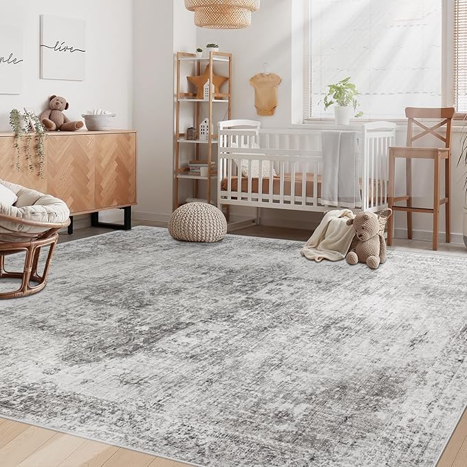 Area Rug 6x9 Washable Rug, Vintage Boho Medallion Rugs Non-Slip Soft Low Pile Large Distressed Rug Indoor Retro Carpet for Living Room Bedroom Dining Room Home Office (Grey, 6'x9')