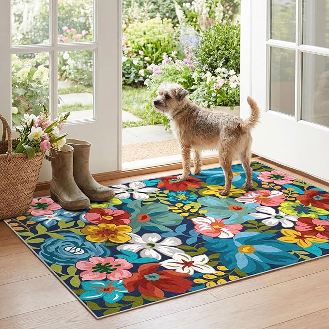 Floral Outdoor Rug - 28" x 43" Front Door Mat Indoor Outside Entrance Non-Slip Washable Outdoor Mat Colorful Spring Flower Rug for Entryway Kitchen Bedroom Layered Doormat for Front Porch