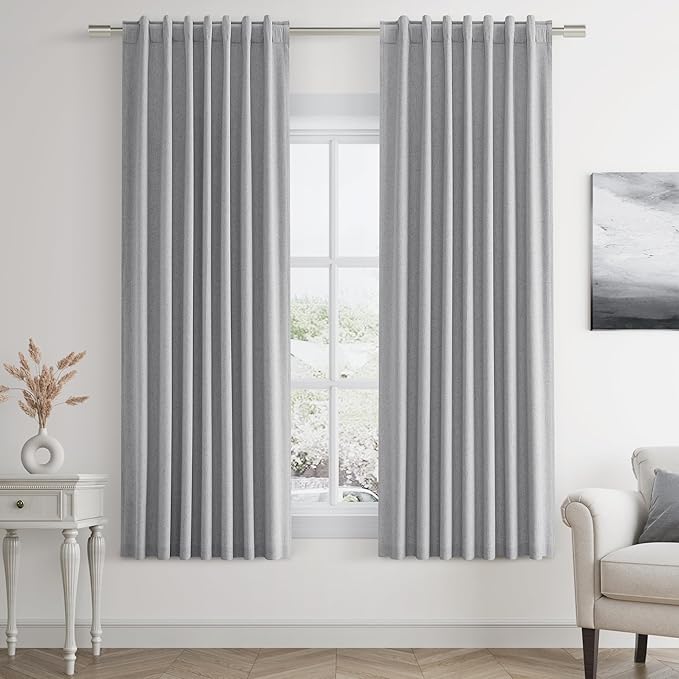 Guken Grey 100% Blackout Curtains 63 Inch Length 2 Panels Set for Living Room Bedroom Back Tab Thermal Insulated Black Out Linen Drapes Room Darkening Window Curtains 63 Inches Long