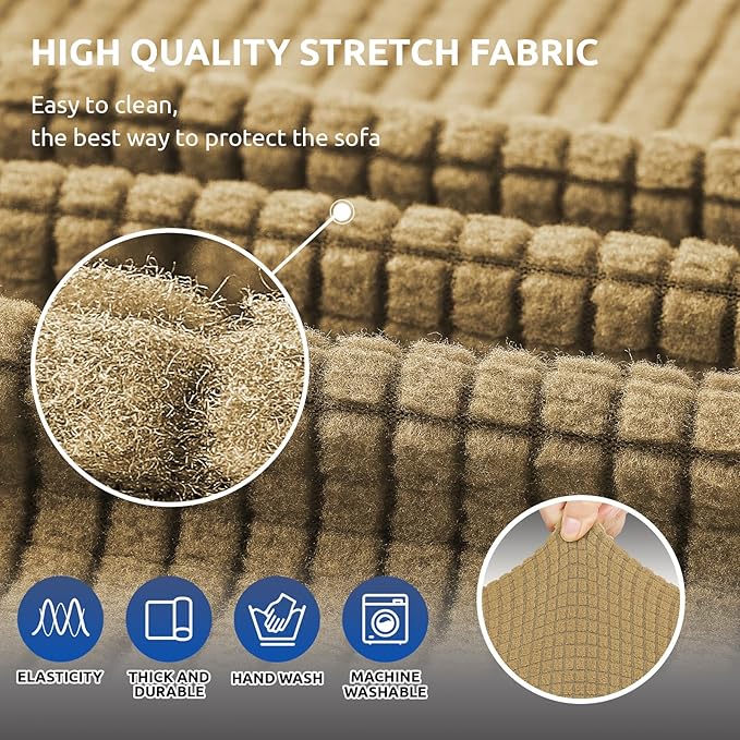 KEKUOU Stretch Loveseat Sofa Cover Slipcover,Couch Covers for 2 Cushion Couch Sofa (55"-78") Furniture Protector Sofa with Elastic Bottom for Kids,Dog. Jacquard Small Checked (Medium,Tan)