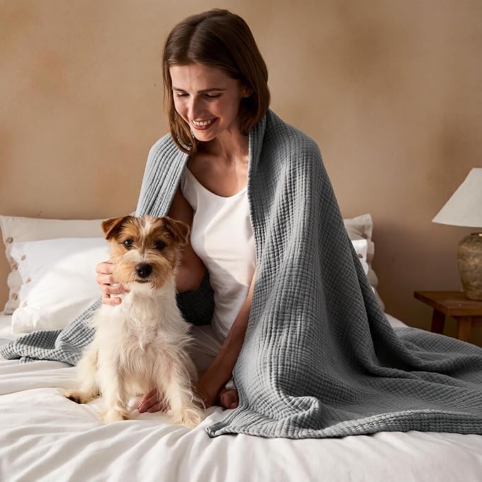 Bedsure 100% Cotton Muslin Throw Blanket Large 50x70 Inches - 4-Layer Breathable and Lightweight Thin Soft Summer Gauze Muslin Blankets for Adults, Grey, Boho Cotton Throw for Couch