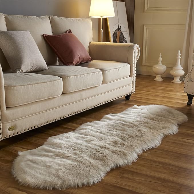 Arbosofe Ultra Soft Faux Fur Rug, Area Rugs, Beige Fluffy Shaggy Fur Rug for Bedroom & Living Room, Kids Room Decor, 2 x 6 Feet Sheepskin