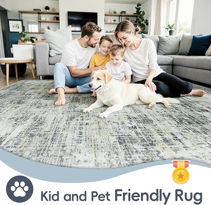 10x12 Area Rugs for Living Room Washable Rug: Anti-Skid Abstract Modern Living Room Rug Soft Thin Carpets Indoor Floor Non-Shedding Carpet for Bedroom Dining Farmhouse Nursery Black Gray Gold