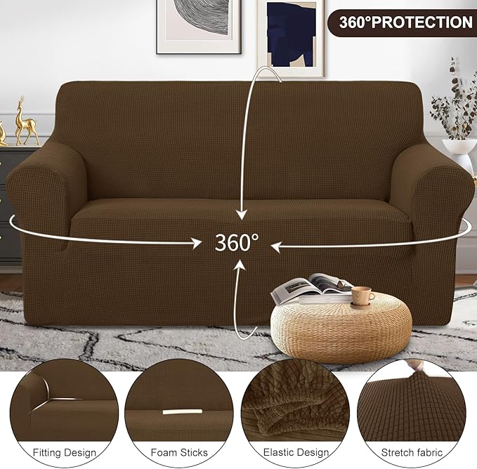 U-NICE HOME Oversized Stretch Loveseat Couch Cover Sofa Covers Washable Sofa Slipcover Furniture Protector for 2 Cushion Couch Sofa Pet Friendly, Brown