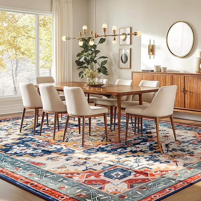Rugflix 8x10 Area Rug for Living Room, Machine Washable Area Rugs with Non-Slip Backing, Large Soft Boho Vintage Rug for Bedroom, Dining Room, Low Pile Carpet, Kids Pet Friendly, Red