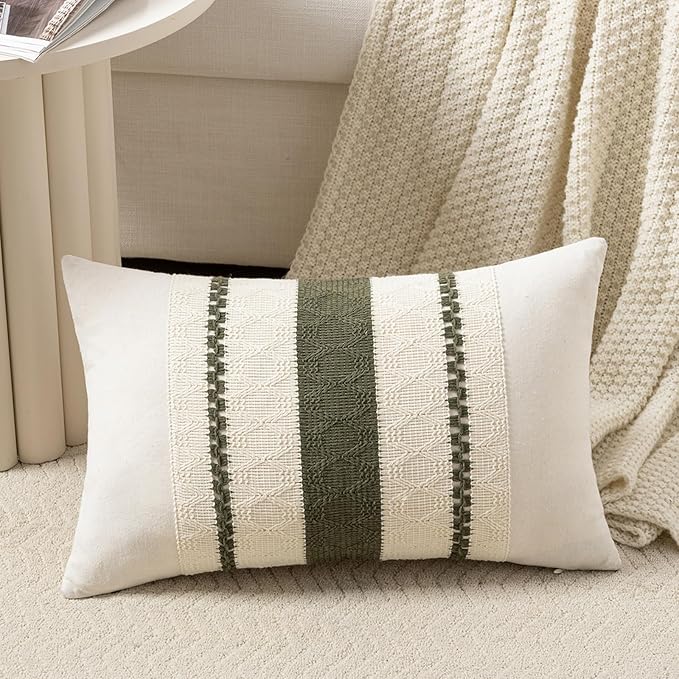 Fancy Homi Set of 1 Boho Olive Green Long Lumbar Decorative Throw Pillow Cover 14x24 Inch for Couch Bed Sofa Chair, Modern Organic Farmhouse Home Decor, Soft Cotton Cute Accent Rectangle Cushion Case