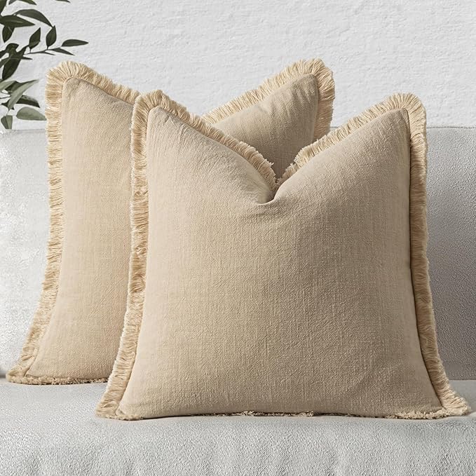 MIULEE Decorative Throw Pillow Covers Neutral Linen Fringe Throw Pillows Set of 2 Beige Boho Farmhouse Cushion Covers with Tassels for Couch Sofa Bed Living Room Spring Home Decor 16x16 Inch