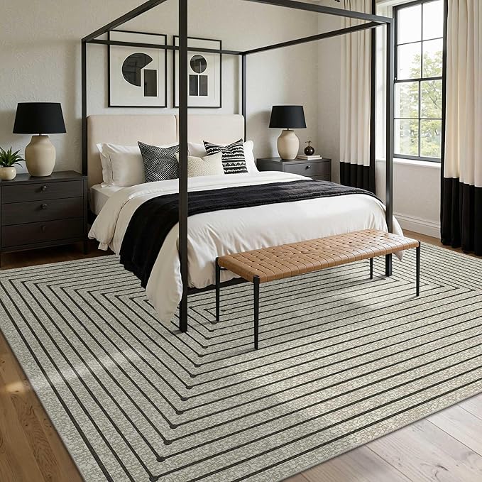 Latte&Fog 10x14 Area Rug for Living Room, Extra Large Beige Modern Abstract Washable Rugs, Boho Non Slip Low Pile Carpet for Indoor Bedroom Dining Room, Office, Dorm, Classroom and Farmhouse - Beige