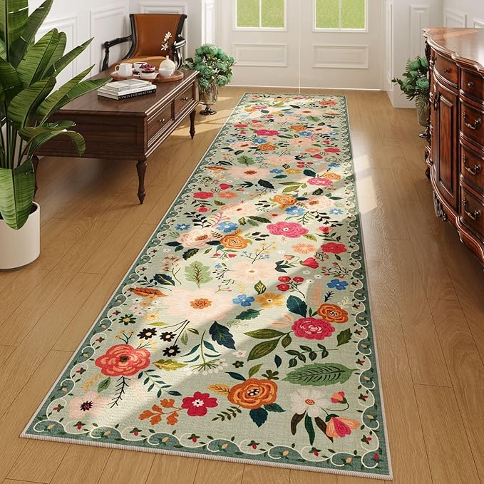 Rugcomf Long Hallway Runner Rug 2'7"x14' - Floral Washable Non Slip Boho Carpet for Kitchen, Entryway, Hall, Bathroom - Green