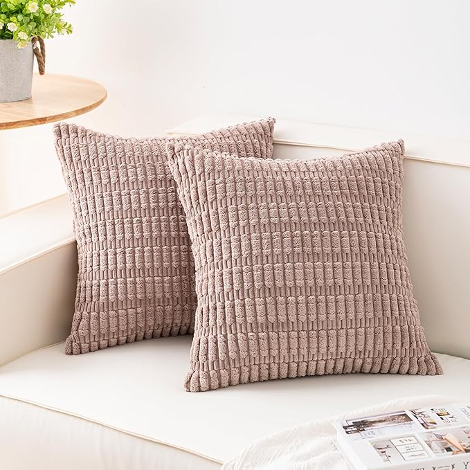 Pack of 2 Corduroy Decorative Throw Pillow Covers 20x20 Inch Soft Striped Pillow Covers Modern Farmhouse Home Decor for Sofa Living Room Couch Bed（Light Brown）