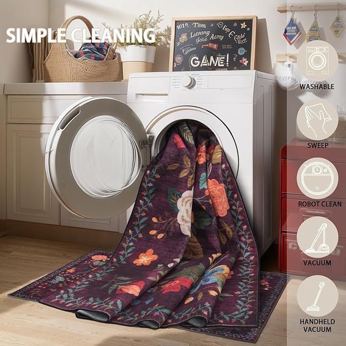 Floral Machine Washable Rug, 3x5 Rug Non Slip Soft Bedroom Rugs for Entryway Dorm, Ultra-Thin Rugs for Bedroom Stain Resistan(3 x 5, Purple Lawn)