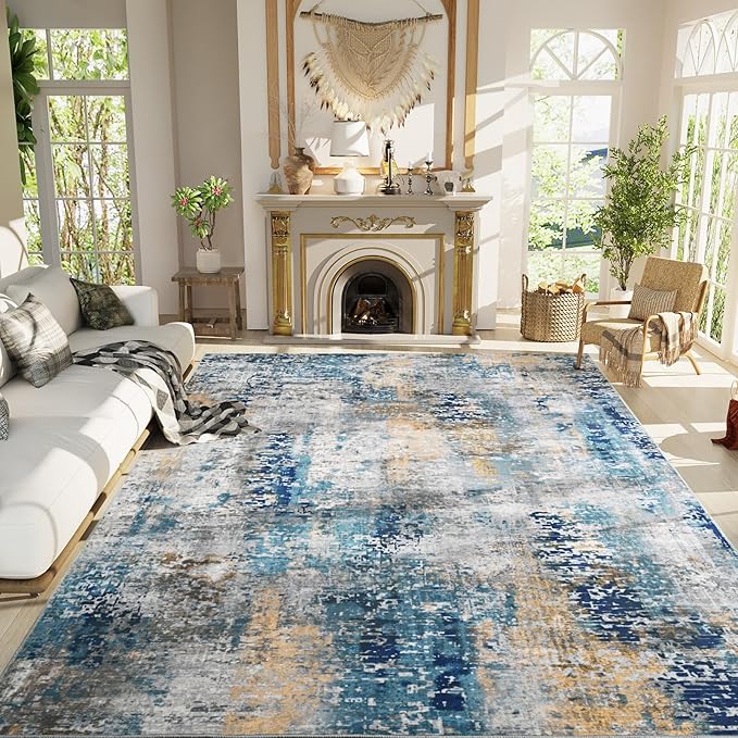 Living Room Rug 7x10 Ultramarine Area Rugs Machine Washable Abstract Boho Large Rug Non-Slip Non-Shedding Faux Wool Indoor Vintage Carpet for Bedroom, Classroom, Dining Room, Kids Playroom