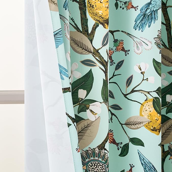 Topfinel 94 Inches Long Custom Floral Curtains Unique Cottagecore Whimsical Vintage Pretty Fun Flower Hummingbird Patterned Double Sided Grommet Print Drapes for Bedroom Living Room Dining Mint Green
