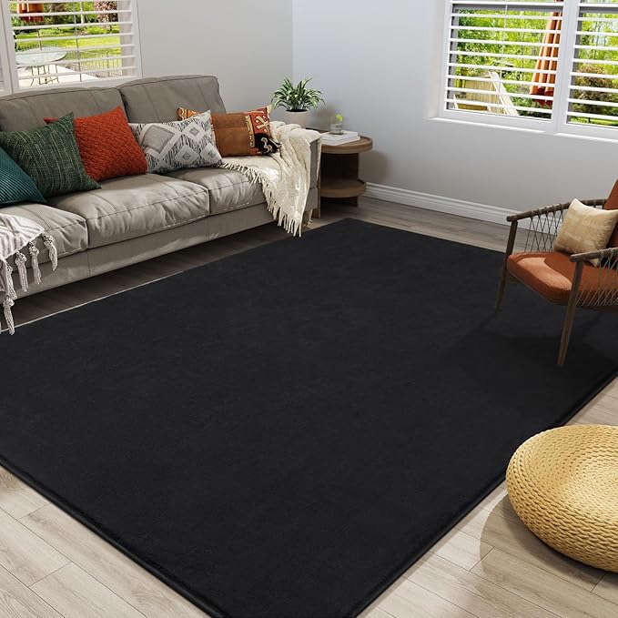 Amearea Large Modern Area Rugs for Bedroom Living Room, 6x9 Feet Black Thickened Memory Foam Rug, Fluffy Indoor Washable Rugs Non Slip Minimalist Carpet for Boys Girls Dorm Nursery Room Decor