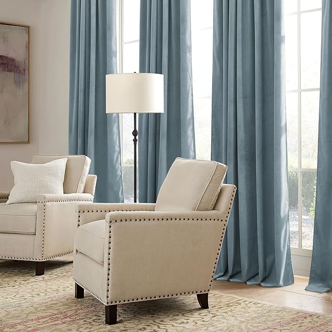 RYB HOME Stone Blue Velvet Curtains 96 inches - Blackout Curtains for Bedroom Thermal Insulated Noise Reducing Soft Luxury Window Decor for Living Room, W52 x L96 inches, 2 Panels