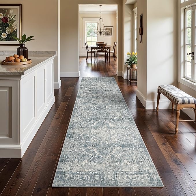 Washable 3x12 Runner Rug - Non-Slip Vintage Thin Rug for Entryway Low-Pile Medallion Long Rugs for Hallway Waterproof Traditional Runner Indoor Thin Rug for Kitchen (Blue)