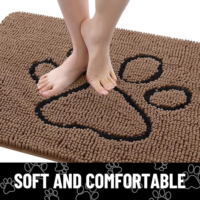 Smiry Dog Door Mat for Muddy Paws, Absorbent Dirt Trapper Non Slip Quick Dry Washable Chenille Mat for Mud Dogs, Entry Rug for Indoor and Outdoor (48x30 Inches, Coffee and Black)