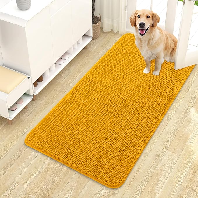 OLANLY Dog Door Mat for Muddy Paws 44x24, Absorbs Moisture and Dirt, Absorbent Non-Slip Washable Doormat, Quick Dry Chenille Mud Mat, Entry Indoor Entryway Carpet for Inside Floor, Golden Yellow