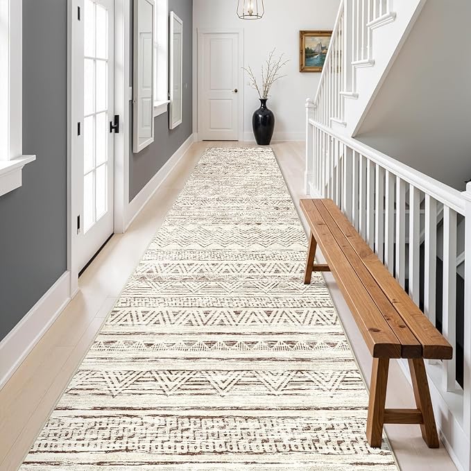 Ksrau 3x20 Runner Rug Washable - Extra Long Non-Slip Modern Runners for Hallway Soft Moroccan Low Pile Indoor Floor Mat for Living Room Kitchen Waterproof Geometric Runner Rugs Entryway 3x20 Beige