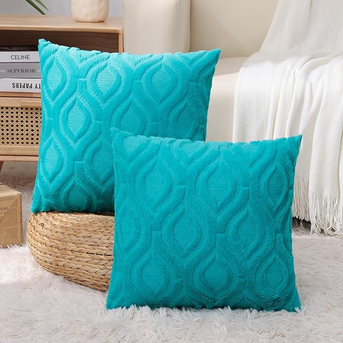 decorUhome Summer Throw Pillow Covers 26x26 Inch Set of 2, Soft Plush Faux Wool Turquoise Solid Couch Pillow Covers, Accent Euro Sham Farmhouse Neutral Square Pillow Cases for Sofa Bed Living Room