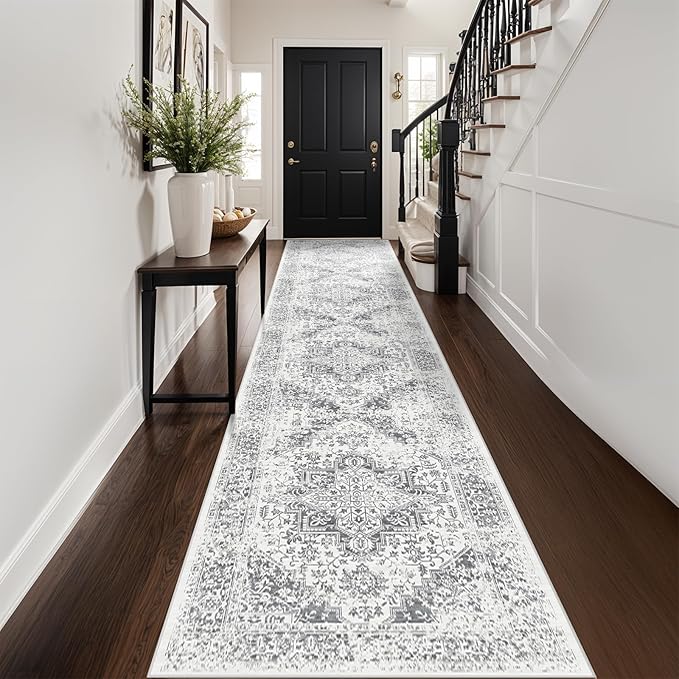 Washable 2'6''x14' Runner Rug - Non-Slip Vintage Runner Rug for Entryway Low-Pile Medallion Long Rugs for Hallway Waterproof Traditional Indoor Thin Rug for Kitchen (Grey)