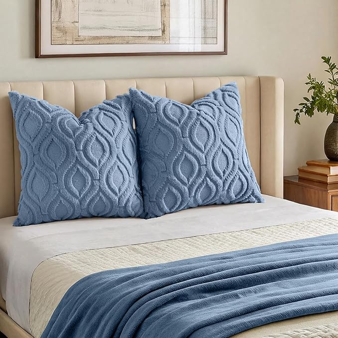 decorUhome Throw Pillow Covers 26x26 Inch Set of 2, Soft Plush Faux Wool Dusty Blue Solid Couch Pillow Covers, Accent Euro Sham Farmhouse Neutral Square Pillow Cases for Sofa Bed Living Room