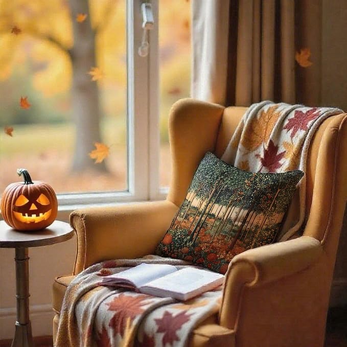 Rustic William Morris Inspired Autumn Forest Decor Throw Pillow Covers 18x18, Vintage Botanical Nature Decorative Throw Pillow Covers for Home Bedroom Living Room,Fall Home Room Decor