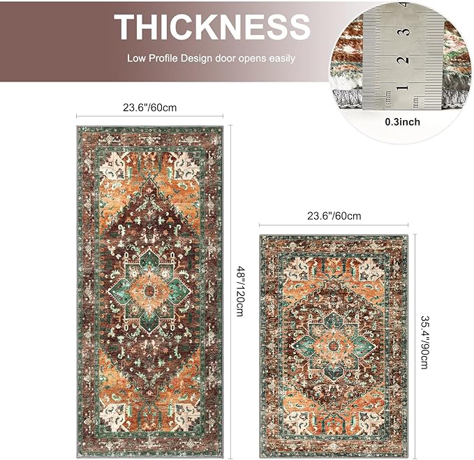 Yamaziot Washable Kitchen Runner Rug Set of 2, Non-Slip Boho Vintage Hallway Rug Runner with Rubber Backing, Stain Resistant & Low Pile Distressed Carpet Runner for Bedroom, Kitchen, Laundry, Entrance
